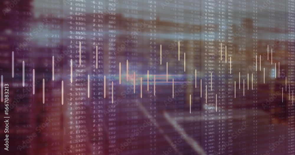 Poster displaying data overlay on window reflecting street at dusk, with candlestick bars and grid columns