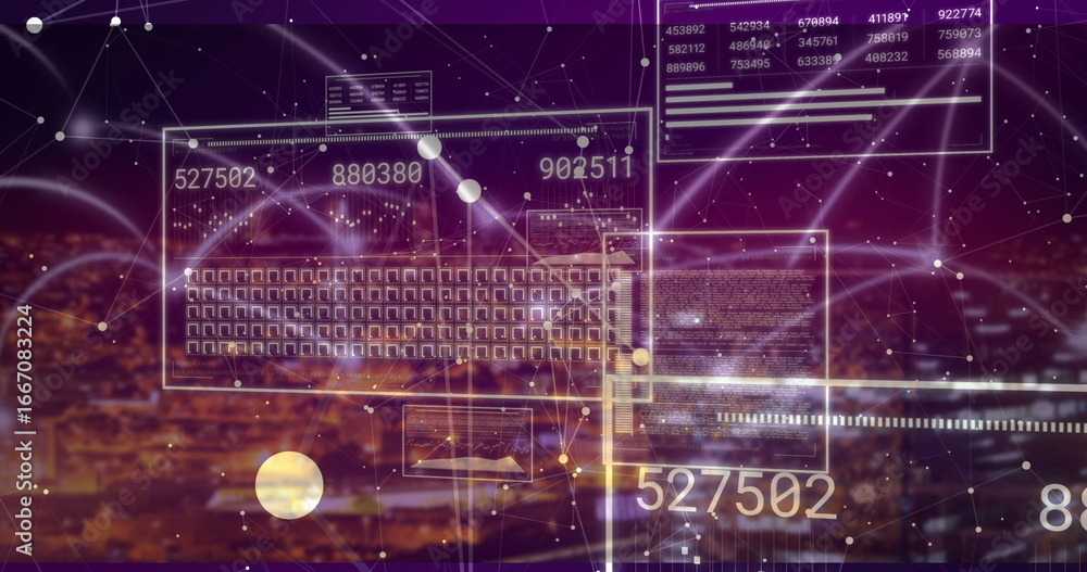 Aufkleber displaying holographic keyboard showing streaming data and labels in virtual cityscape, with nodes