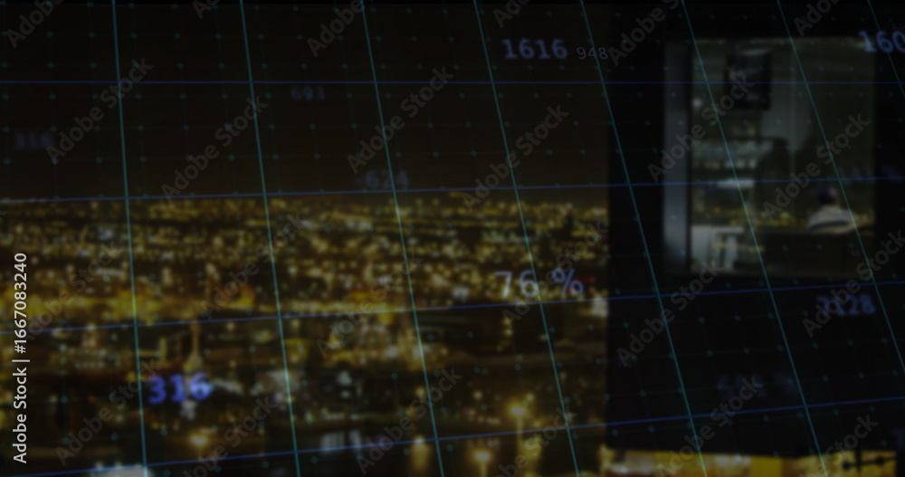 Aufkleber displaying nighttime riverfront skyline through data grid overlay, with computer monitor inset