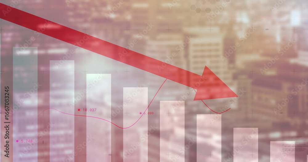 Poster showing translucent bar chart over city skyline with red arrow, magenta line graph with data points
