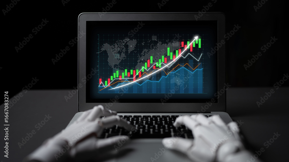 Poster a futuristic scene depicting robotic hands interacting with a laptop showing stock market data and f