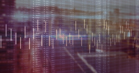 Displaying data overlay on window reflecting street at dusk, with candlestick bars and grid columns