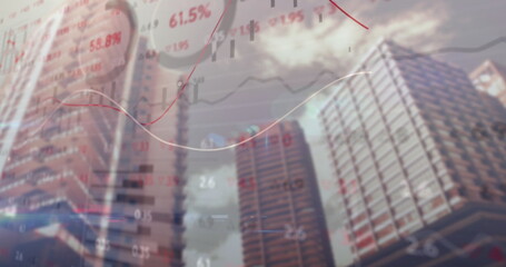 Blending skyscrapers with data overlays in finance hub, with business figure in suit holding tablet