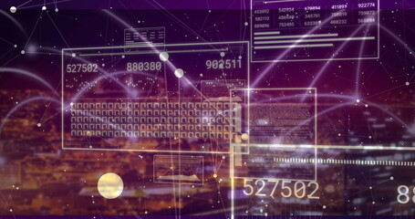 Displaying holographic keyboard showing streaming data and labels in virtual cityscape, with nodes