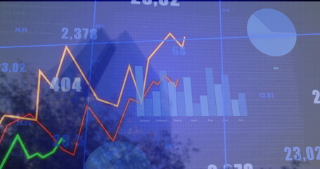 Showing analytics on boardroom glass, with line graphs, blue bar chart, pie chart, numeric overlays