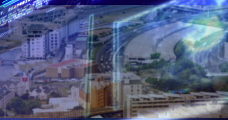 Displaying aerial cityscape with curved highways moving through metro hub, with holographic overlay