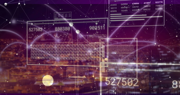 Displaying holographic keyboard showing streaming data and labels in virtual cityscape, with nodes - Powered by Adobe