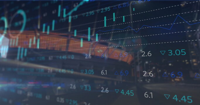 Displaying line graph overlay with numerical tickers on city street at night, with blurred vehicle