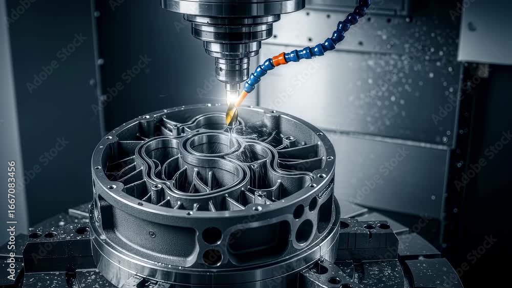 Poster innovative fiveaxis milling setup creating intricate channels inside a rocket engine turbopump casin