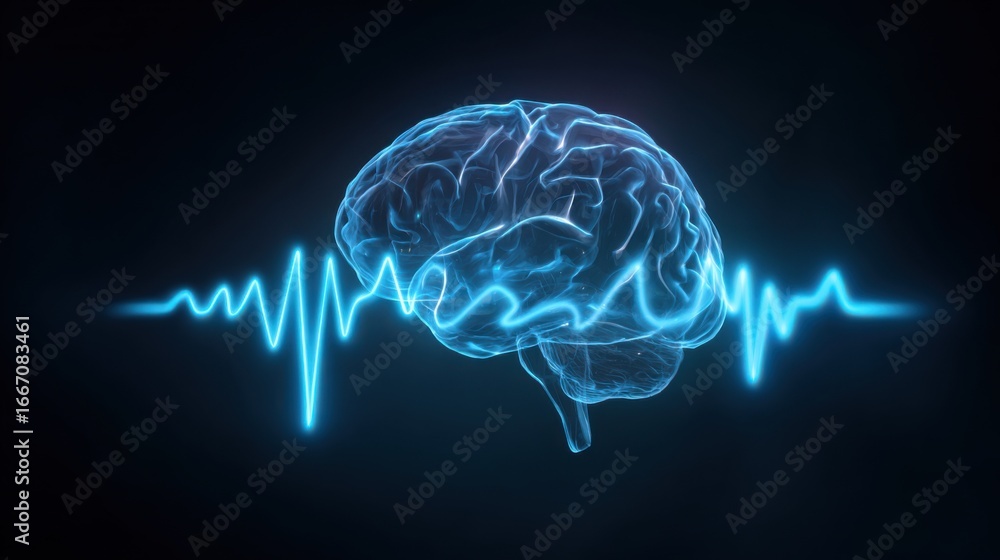 Aufkleber visualization displays a brain with an illuminated waveform underneath, symbolizing brain activity a
