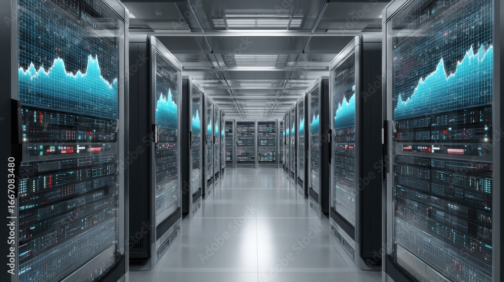 Aufkleber rows of server racks fill a modern data center, showcasing high-tech equipment. digital graphs and a