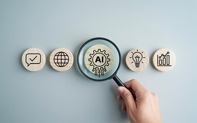 Hand holding magnifying glass over ai icon on wooden disc on transparent background