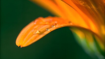 vibrant orange petal with dew drops on green background