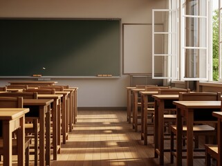 Orderly schoolroom with wooden desks, bright blackboard, and fresh air from open windows, evoking tranquility and readiness for education