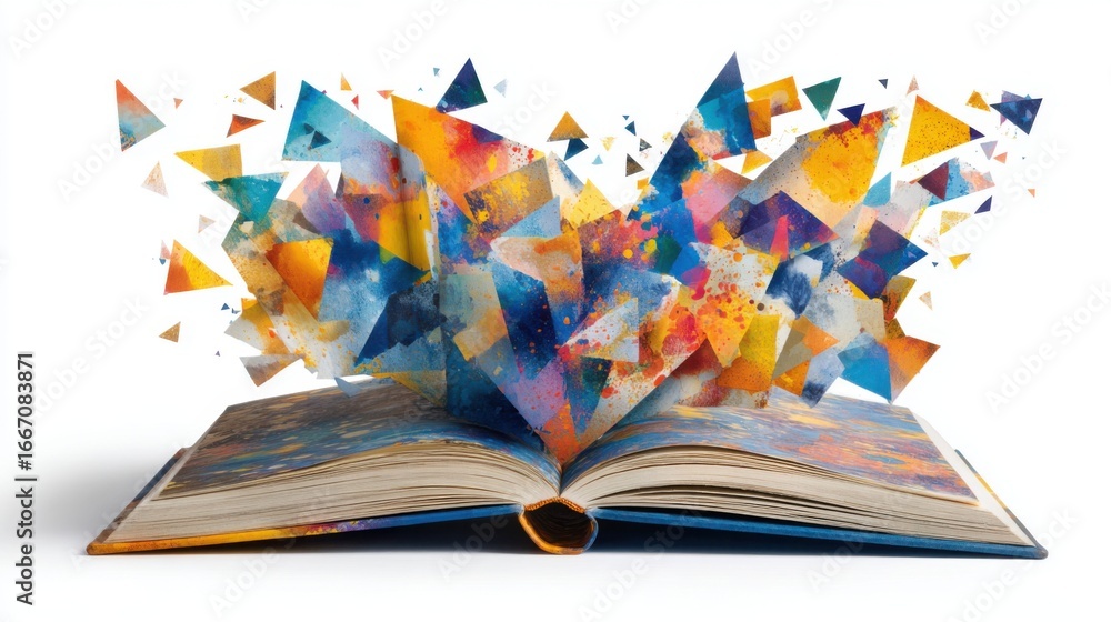 Poster an open book reveals a mesmerizing explosion of colors and geometric shapes, highlighting creativity