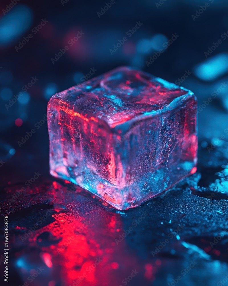 Poster close-up of a shimmering ice cube illuminated by red and blue lights on a dark surface
