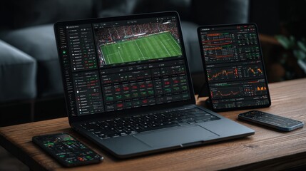 A sleek home office setup features a laptop and tablet streaming a live sports event while displaying betting odds and stock market data. The cozy environment enhances focus.