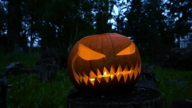 Orange colored Halloween holiday jack o Lantern pumpking with a scary carved face and candles burning inside with orange and yellow flames in a dark night forest with bokeh background. Orbiting video.