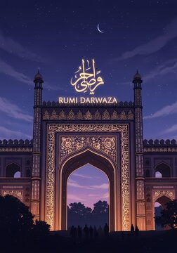 Majestic rumi darwaza illuminated at night under a starry sky with crescent moon