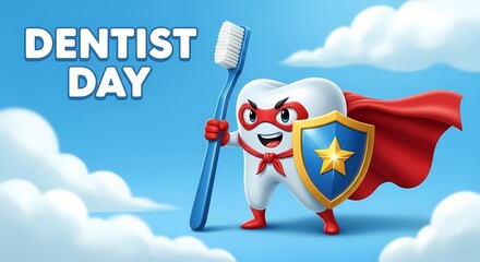 Dentist day celebration with superhero tooth character holding toothbrush and shield in sky for children's dental health awareness