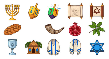 Illustration of jewish symbols including menorah dreidels torah scrolls challah shofar pomegranate and more icons
