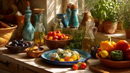 Fototapeta premium Vibrant Mediterranean dishes arranged on a wooden table in a sunlit kitchen, showcasing colorful healthy meals, fresh vegetables, fruits, herbs, olive oil, and traditional cuisine with vitality and we