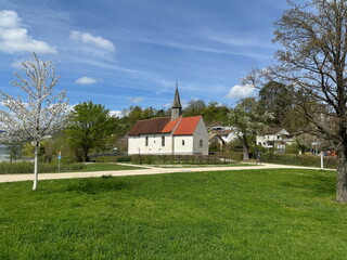 Tiny 'New Year's Chapel' (Silvesterkapelle) on Lake Constance in Überlingen, Germany - Wide Shot