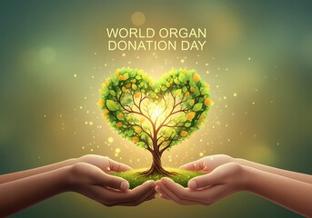 World organ donation day concept with heart shaped tree and caring hands, celebrating gift of life and nature’s generosity