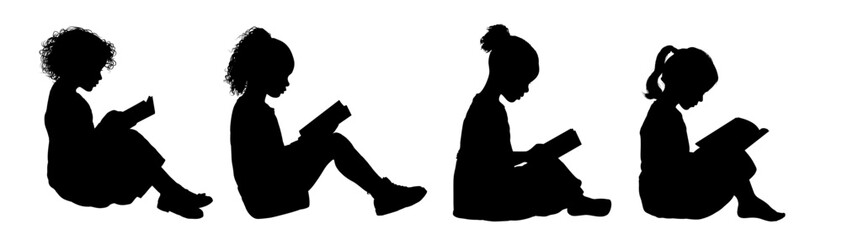 Sitting girl reading a book silhouette set , side view - vector illustration	