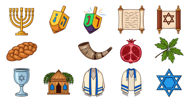 Illustration of jewish symbols including menorah dreidels torah scrolls challah shofar pomegranate and more icons