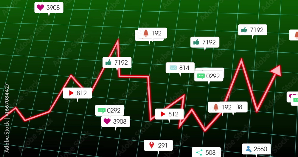Poster displaying red zigzagging line chart over dark green grid, with social media notification icons