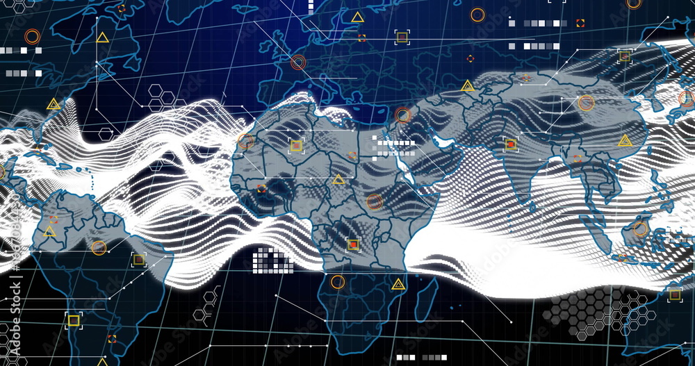 Poster displaying stylized digital world map streaming white waveforms on dark blue grid, network icons