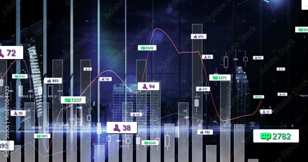 Poster displaying dashboard overlaying night skyline with candlestick charts and floating data icons