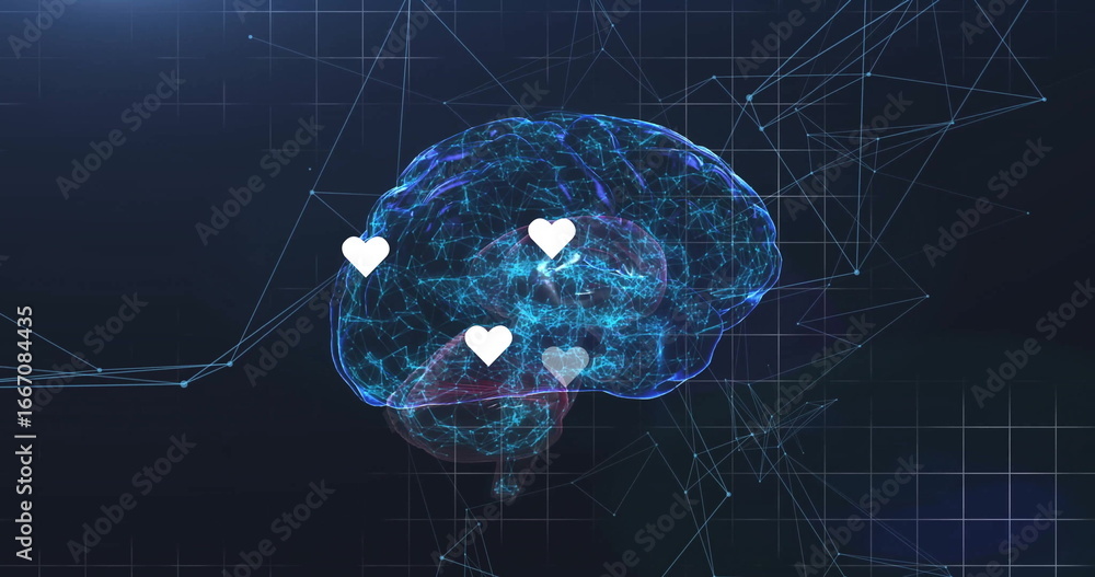 Poster 3d brain floating in interface space with glowing neural paths, white heart icons, grid overlay