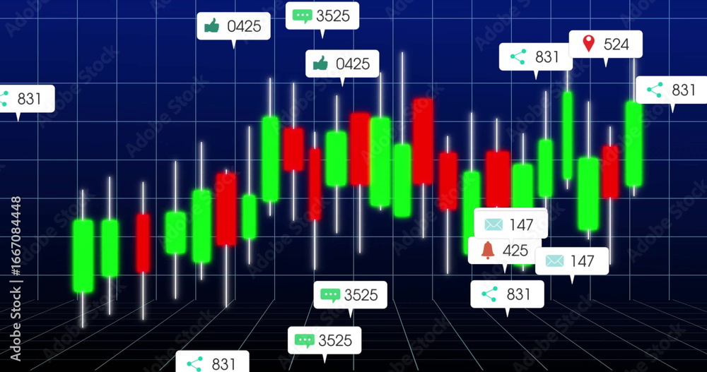 Poster displaying candlestick chart floating in grid space, with green and red bars and social icons