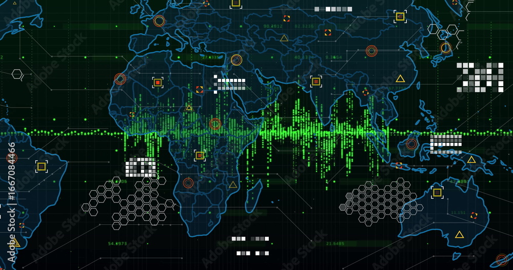 Poster displaying global data map showing green waveform on analytics screen, with hexagonal clusters