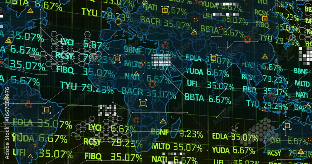 Poster rendering world map outlines on dark grid, overlaying tickers, % figures, shapes and clusters