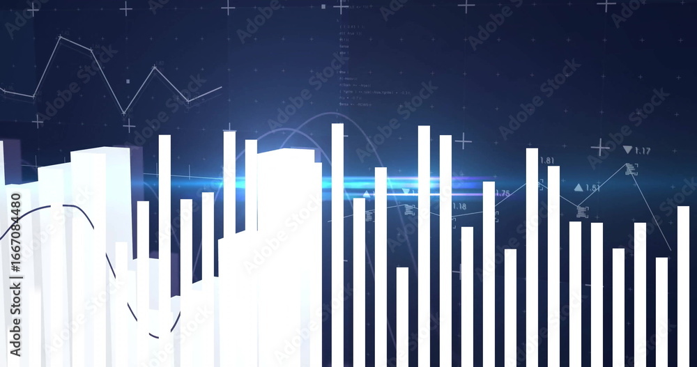 Poster showing financial chart with white bars, trend lines and numeric indicators on analytics screen