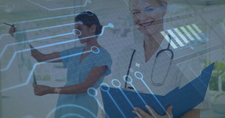 Doctor holding stethoscope in clinic with nurse viewing Xray film under digital overlay, copy space