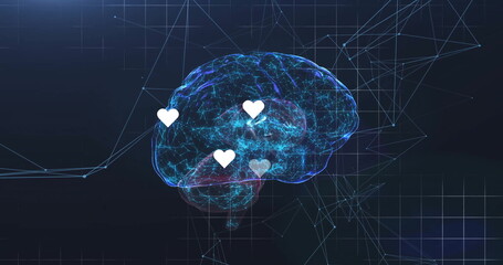 3D brain floating in interface space with glowing neural paths, white heart icons, grid overlay