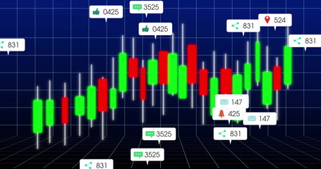 Displaying candlestick chart floating in grid space, with green and red bars and social icons