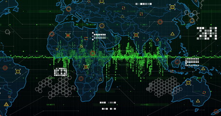 Displaying global data map showing green waveform on analytics screen, with hexagonal clusters