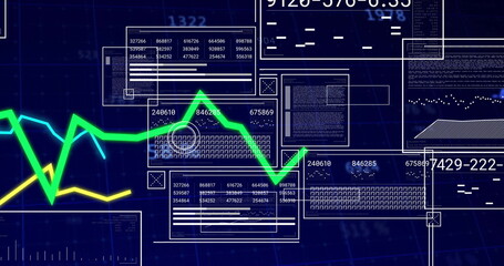 Displaying data visualization dashboard interface in analytics software, with neon green line chart