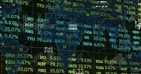 Rendering world map outlines on dark grid, overlaying tickers, % figures, shapes and clusters