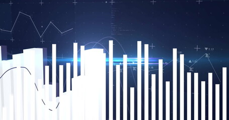 Showing financial chart with white bars, trend lines and numeric indicators on analytics screen
