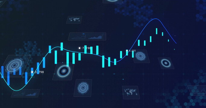 Displaying glowing cyan candlestick bars and blue trend line on trading dashboard, with data panels