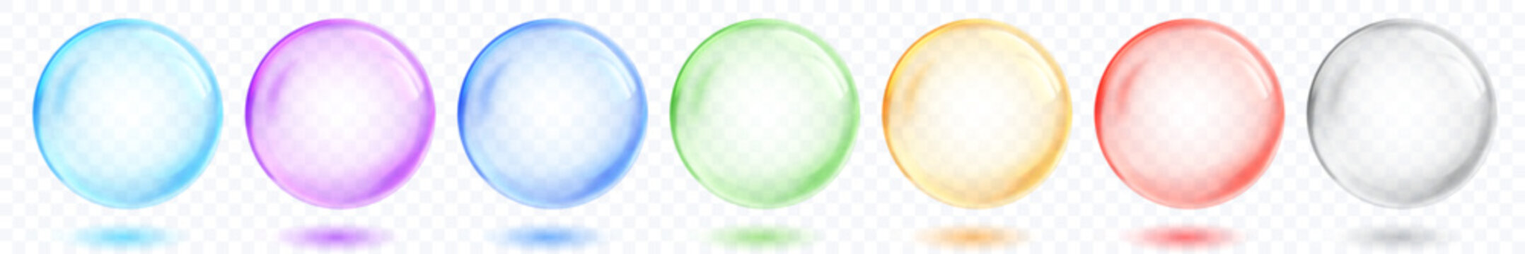 Set of translucent spheres of different colors with highlights and shadows on transparent background, vector illustration for design projects and creating creative works.