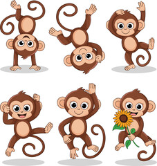 Playful Cartoon Monkeys in Cute Poses with Expressions and Props for Jungle Animal Vector, Children’s Education and Fun Design