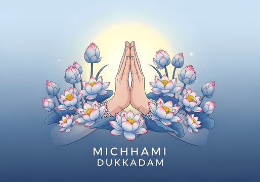 Michhami Dukkadam greeting with lotus flowers and praying hands - jain paryushan festival design