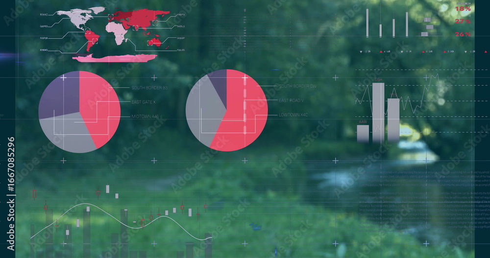Poster digital data overlay presenting world map pie charts bar and line graphs in lush forest creek